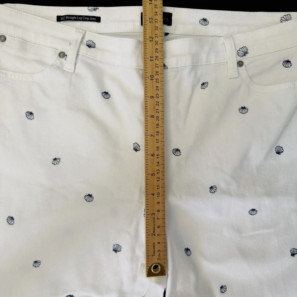 Talbots Crop Straight Leg Jeans White Sz 16 Embroidered Seashells Coastal Beachy